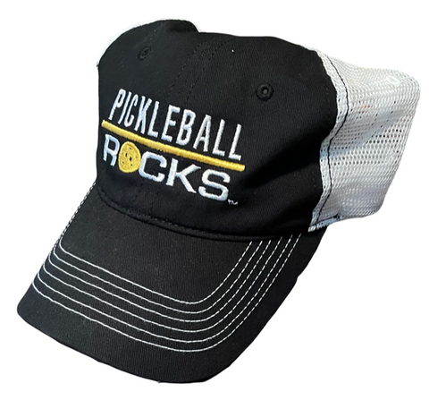 Pickleball Rocks 607 Low Profile Truckers Black and White