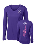 Pickleball Rocks Dri Fit Purple Long Sleeve Shirt V-Neck with Small Front Logo