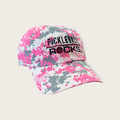 Ladies Pink and Grey Digital Camo Pickleball Rocks Unstructured Hat